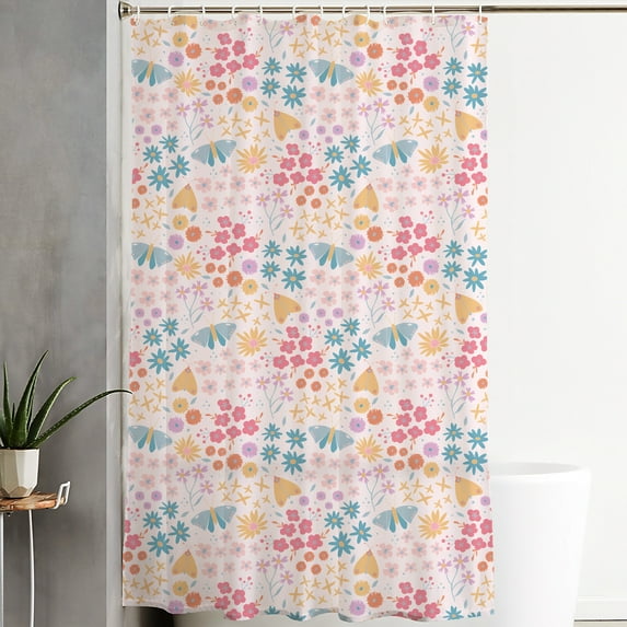 Loofah Lab Multi Color Butterfly and Floral Theme Printed Shower Curtain, 72” x 72", Multicolor