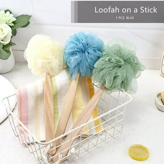 Loofah Sponge Back Scrubber - Men & Women Long Handled Exfoliating Bath & Shower Body Brush - Handheld Luffa Pouf on a Stick for Body, Face Washing - Spa Wash Lufa