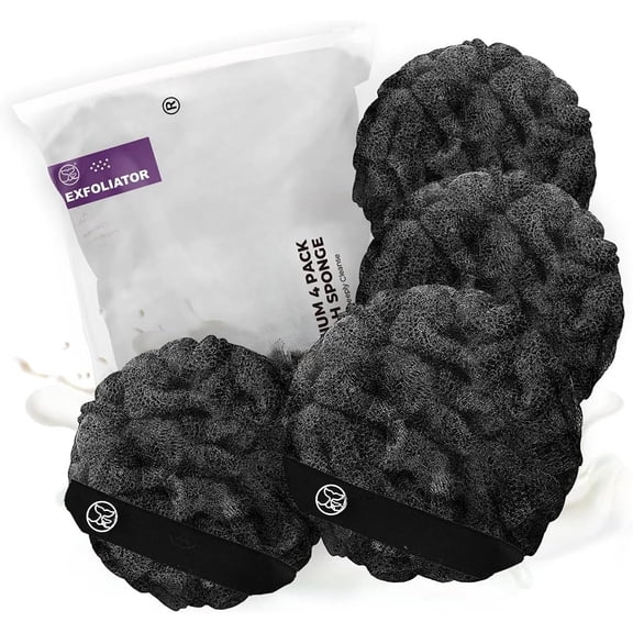 Loofah Sponge Bath Sponge for Women Men 4 Pack (Black Rough Surface)