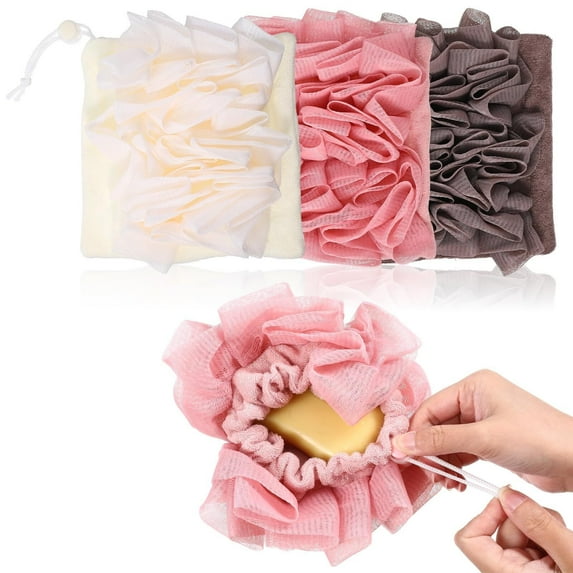 Loofah Washcloth Combo, 3 Pack 2-in-1 Exfoliating Shower Pouf Soap Pocket Drawstring Exfoliation Mesh Ball Hold Bar Soap Loofah Washcloth Body Wash Cleansing Smooth Skin(Green+Purple+Khaki)