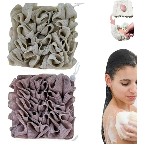 Loofah Washcloth for Bar Soap，2-in-1 Bath Loofah Sponge with Drawstring Shower Washcloth (Set G)