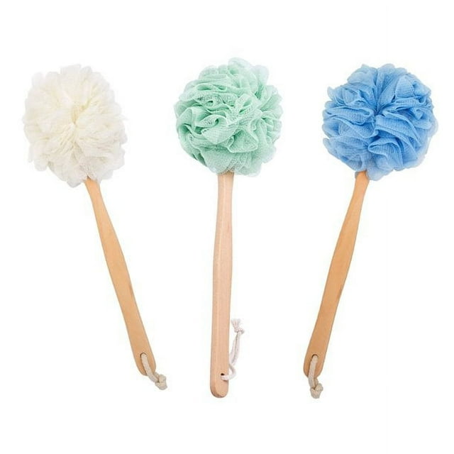 3Pack Exfoliating Loofah on a Stick, Long Handle Back Scrubber for