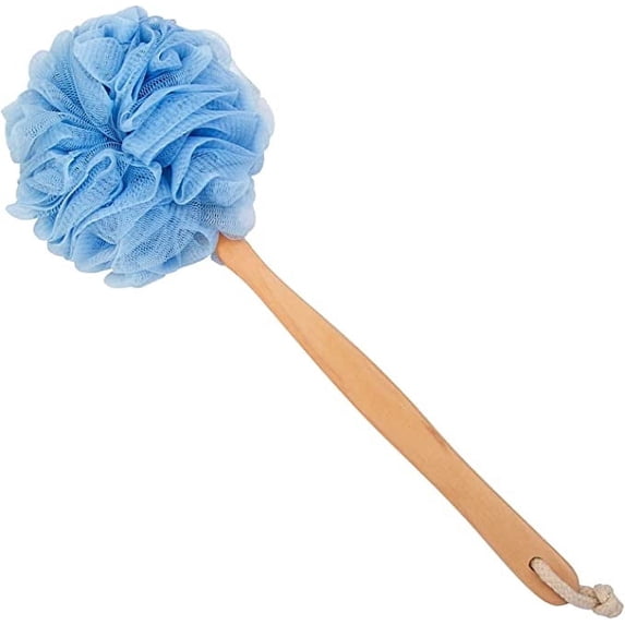 Loofah with Wooden Handle, Long Handle Bath Pouf, Loofah Sponge on a Stick for Women Men, Blue