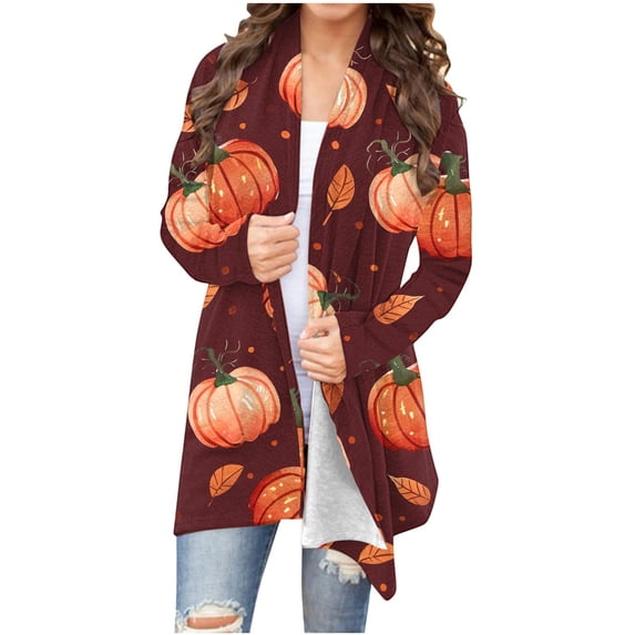 Look!Idoravan Lightweight Cardigans for Women Women's Fashion Printed Long Sleeved Cardigan Jacket Wine M