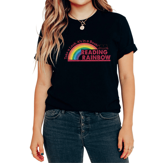 Look Its A Book Rainbow Reading Vintage Graphic Tees T-Shirt Tops Commuting Short Sleeve Round Neck Black S-5XL