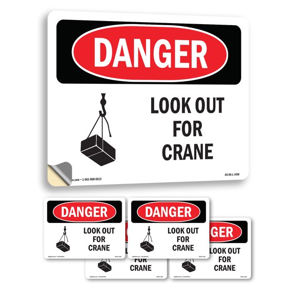 Look Out For Crane OSHA Danger Vinyl Decal Label 18 Inch x 12 Inch - 5 Pack