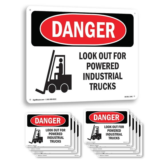 Look Out For Powered Industrial Trucks OSHA Danger Aluminum Sign 14 Inch x 10 Inch - 10 Pack