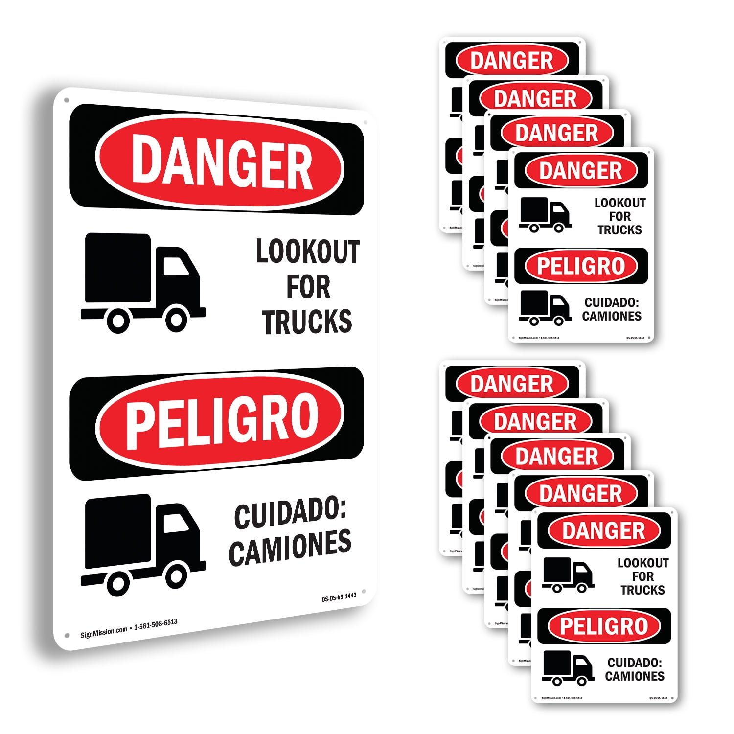 Look Out For Trucks Bilingual OSHA Danger Aluminum Sign 10 Inch x 7 ...