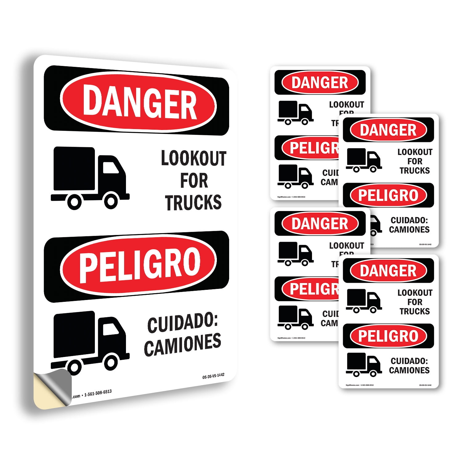 Look Out For Trucks Bilingual OSHA Danger Vinyl Decal Label 7 Inch x 5 ...