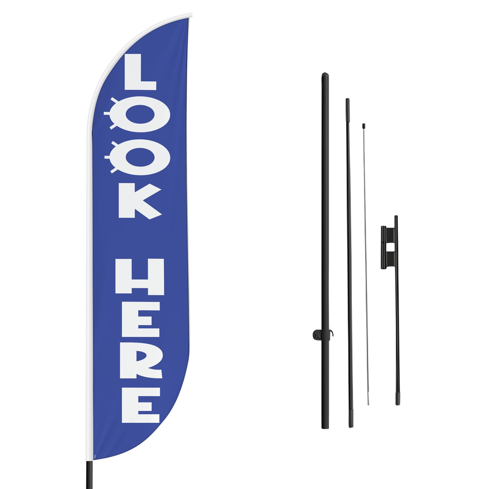 Look Here Sign Feather flag Pole Mount for Outdoor by Mavis Print | 15 FEET Long Polyester Outdoor Banner Flag Pole Kit for Easy Hang | HD Print Swooper Flag Pole Stand for Business Advertising
