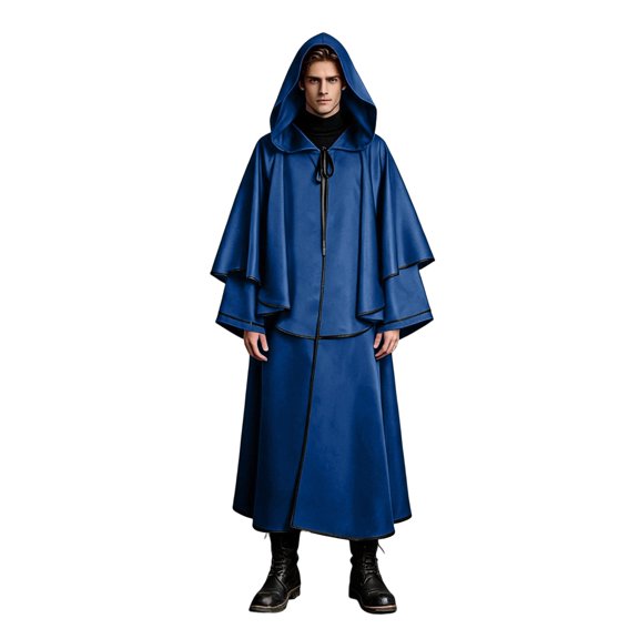 Look Wizard Robe, Hooded Cloak, Double Layer Hooded, Cape Medieval Assassin, Double Layer Hooded Cape Medieval Assassin Cloak Faux Leather Look Wizard Robe for Spooky Season, Blue S