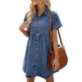 thumbnail image 1 of LookbookStore Tiered Babydoll Denim Dress for Women Short Sleeve Front Button Down Flowy Dress Reef Blue Size M, 1 of 6