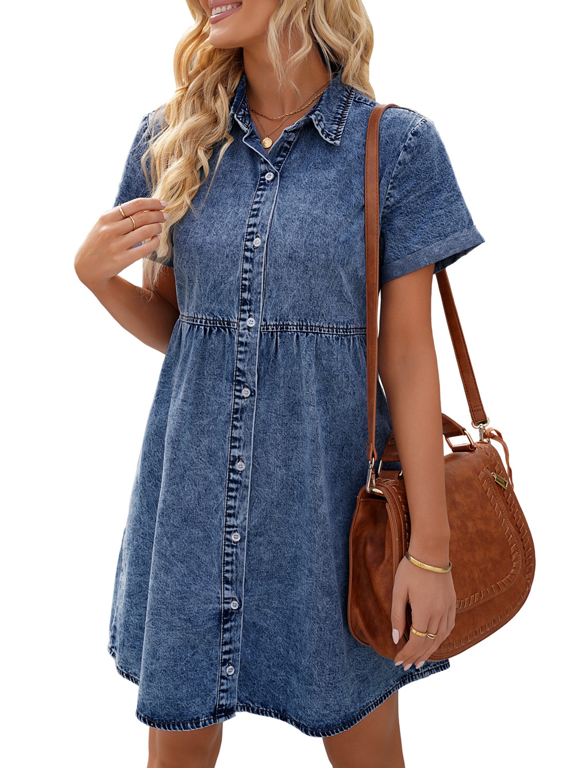 LookbookStore Women s Fall Fashion Short Sleeve Button Down Tiered Babydoll Denim Dress Size M Reef Blue Walmart
