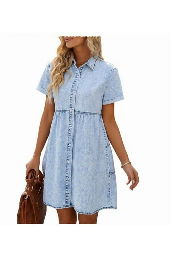 LookbookStore Women's Above Knee Length Denim Dress Folded Sleeve Button Tiered Denim Dress Aurora Pink Size M