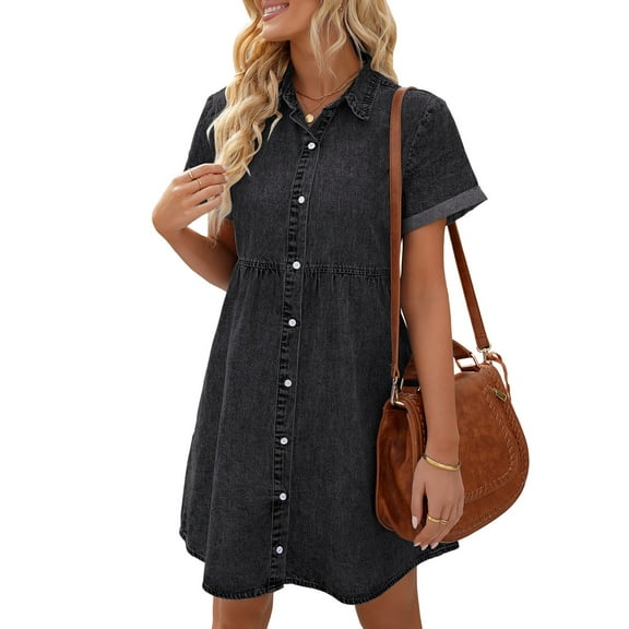 LookbookStore Women's Sexy Above Knee Length Denim Dress Short Sleeve Button Down A-Line Dress Size M Vintage Black