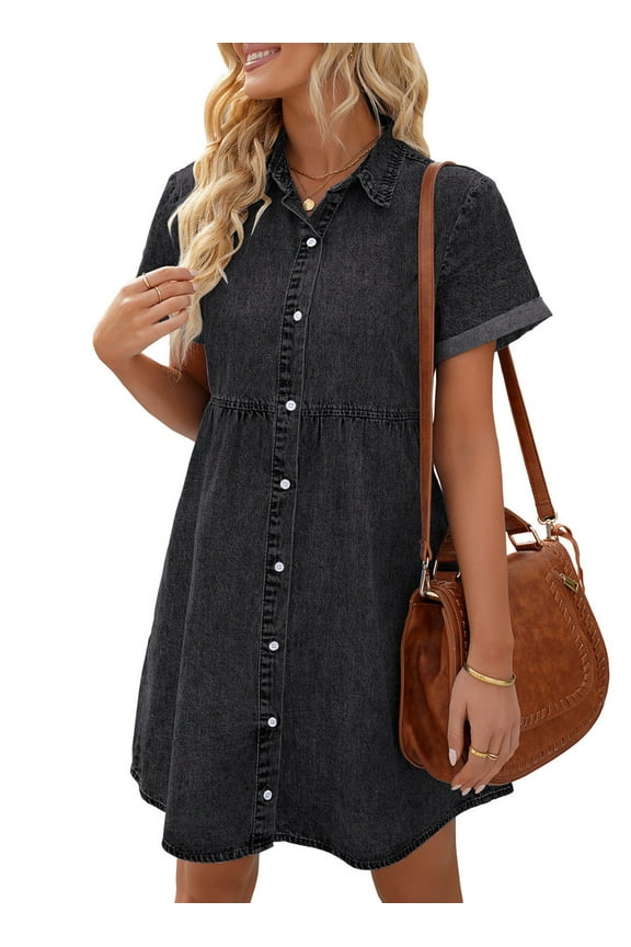 LookbookStore Women's Sexy Above Knee Length Denim Dress Short Sleeve Button Down A-Line Dress Size M Vintage Black