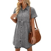 LOOKBOOK STORE LookbookStore Ladies Casual Denim Dress Rolled Sleeve Button Down Tiered Dress Vintage Black Size Small