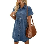 LOOKBOOK STORE Women's Short Sleeve Button Down Flowy Tiered Denim Dress