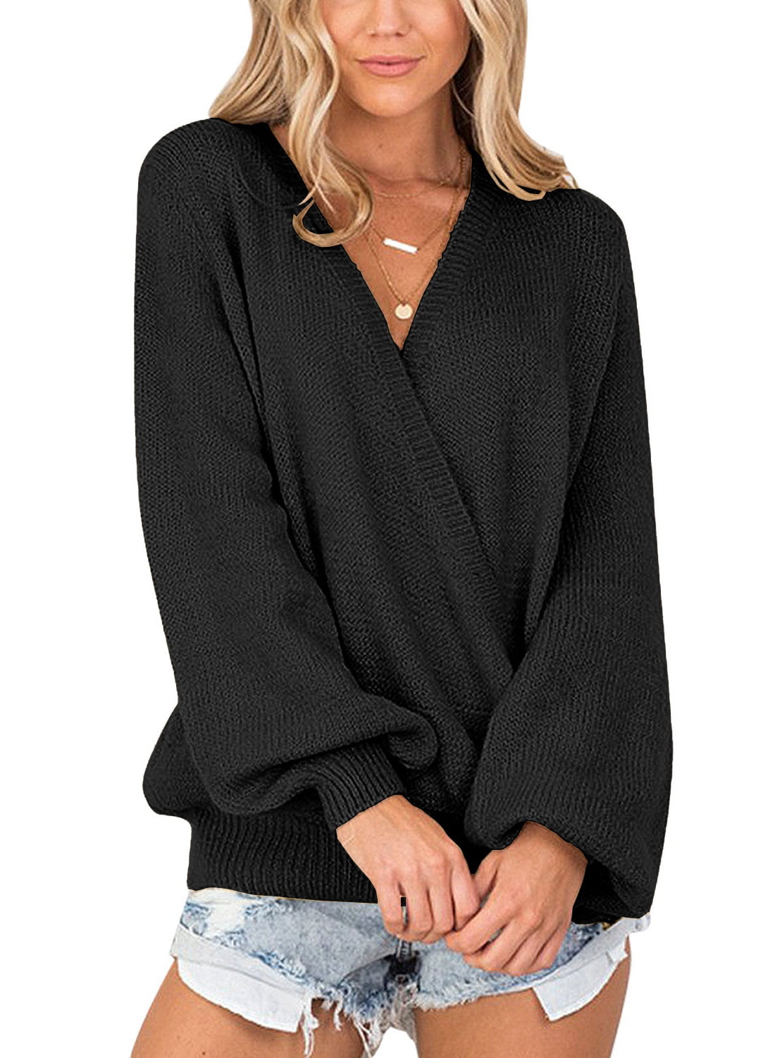 LookbookStore Women's Knit Long Sleeve Faux Wrap Surplice Winter Fall V Neck  Sweater Tops Size 2XL Size 20 Size 22 Black 