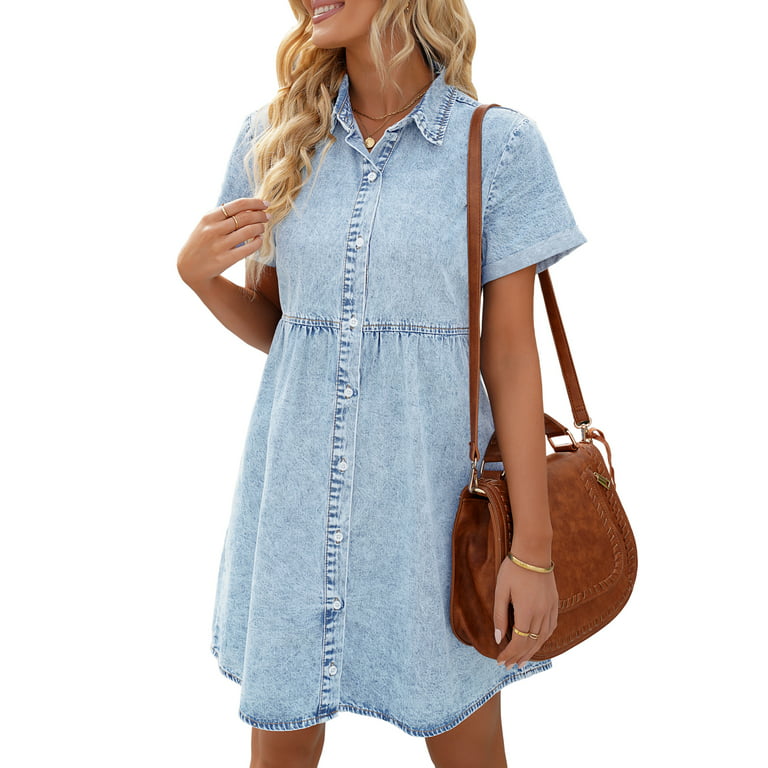 Cute Dress for Women Plus Size Button Up Short Sleeve Midi Dress Lapel  Collar Ruched Tiered Swing Dress