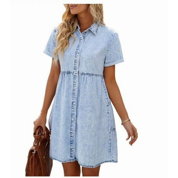 LookbookStore Women's Summer Button Down Denim Dresses Short Sleeve Flowy Tiered Denim Dress Size S Aurora Pink