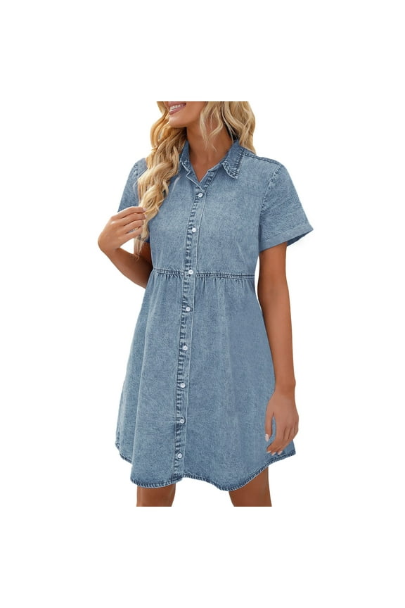 LookbookStore Women's Vintage Lapel Collar Shirt Dresses Button Down Tiered Dress Bay Blue Size 2XL