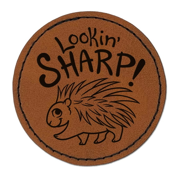 Lookin' Sharp Porcupine Teacher Student 2.5" Faux Leather Round Engraved Iron-On Patch - Brown