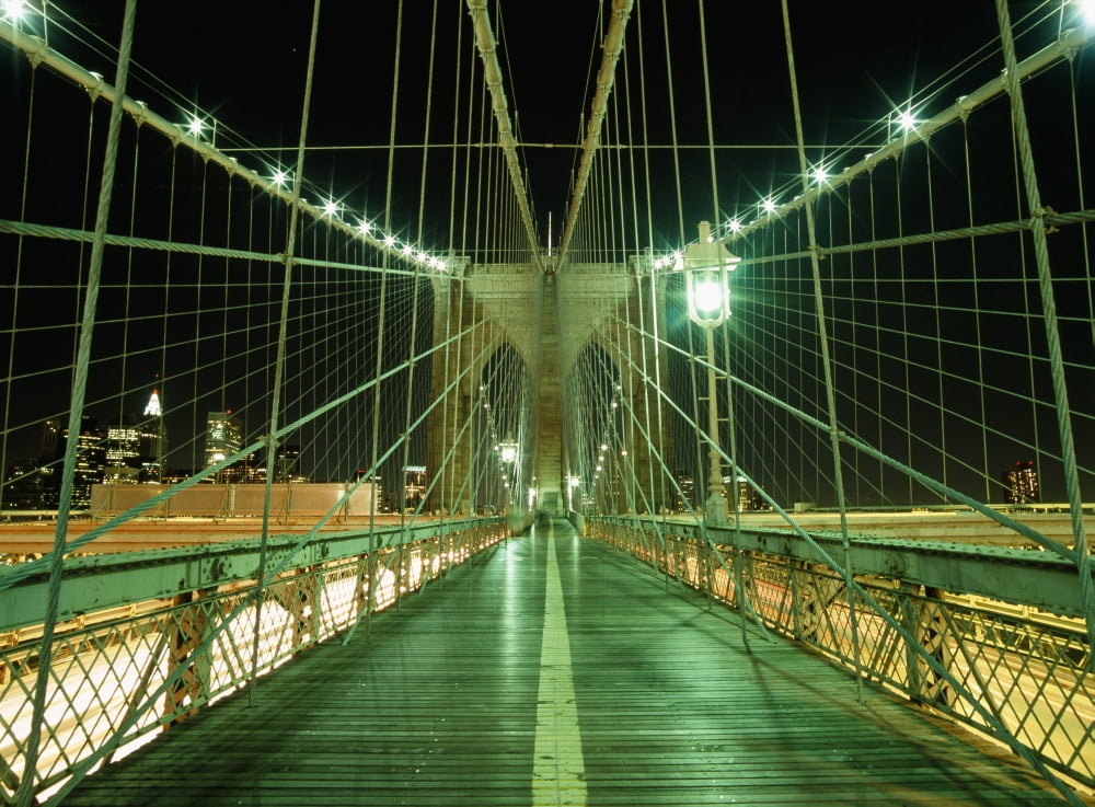 Looking Along Walkway On The Brooklyn Bridge At Night Canvas Art - Ian Cumming Design Pics (18 x 13)