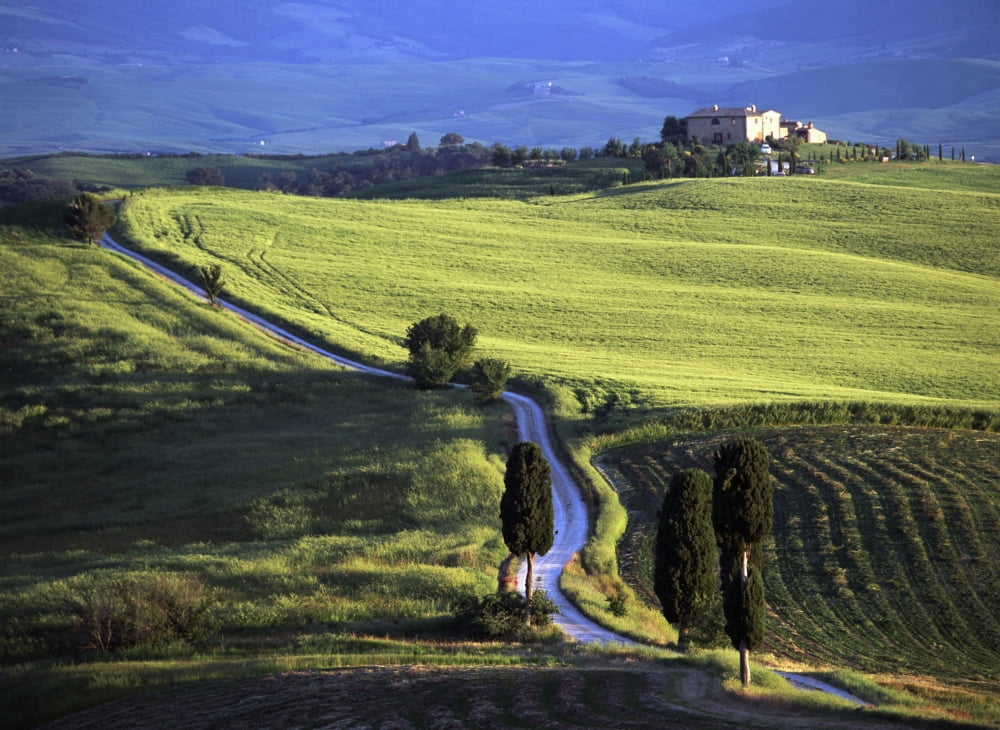 Looking Down Road At Dusk To Old Farmhouse On Hill Top Near Village Of Pienza Canvas Art - Ian Cumming Design Pics (32 x 24)