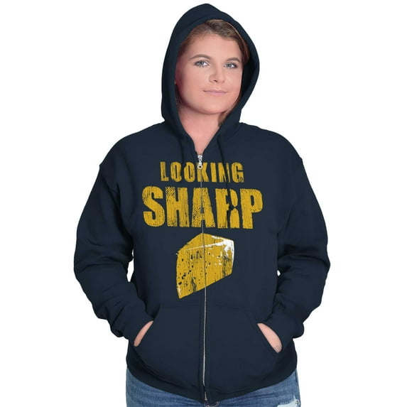 Looking Sharp cheddar Cheese Pun Gym Zip Up Hoodie Men's Women's Brisco Brands S