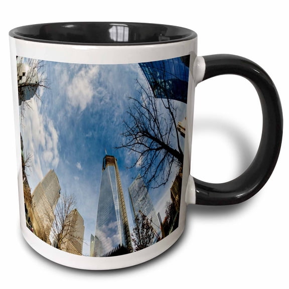 3drose, Looking up in Nyc at the Sky, Buildings and Trees, 11oz Two-tone Black Mug