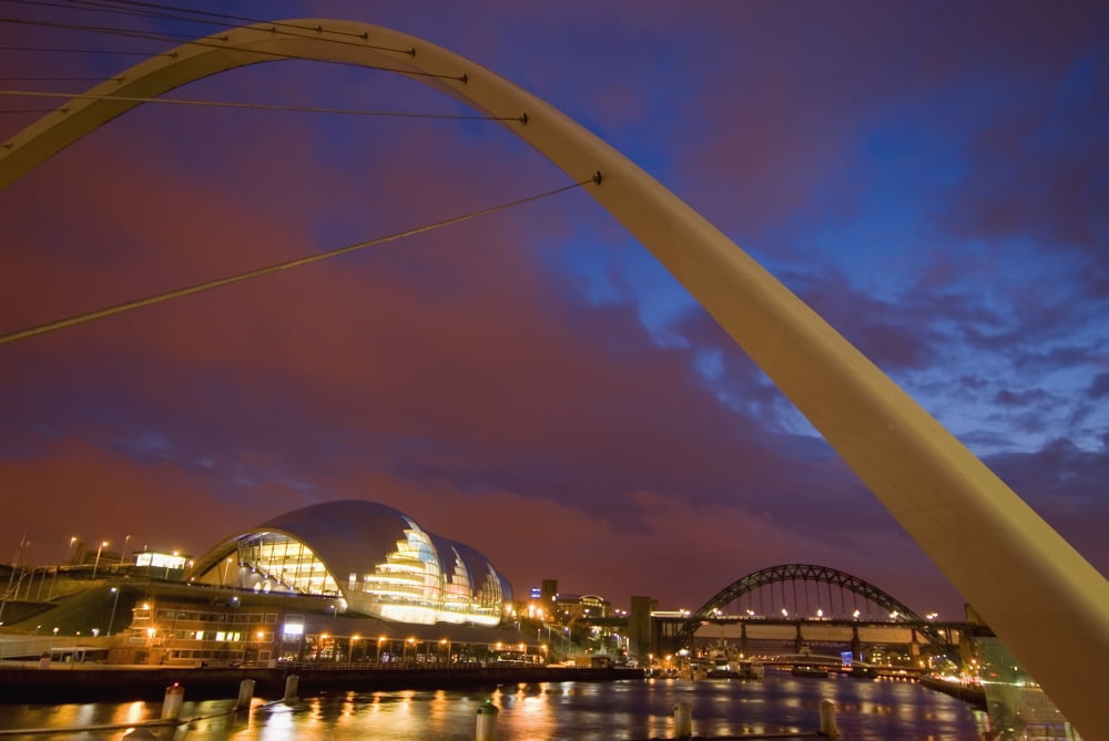 Looking Up The Tyne At Dusk Through The Winking Bridge To The Sage Centre Canvas Art - Ian Cumming Design Pics (19 x 12)
