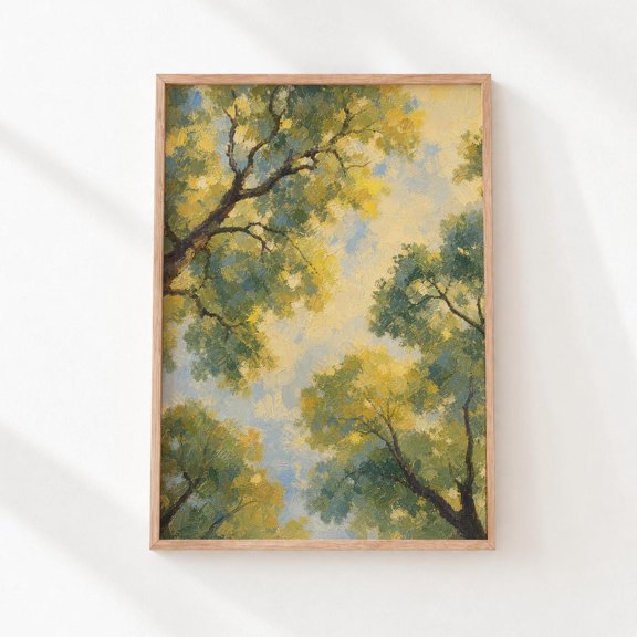 Looking Up Tree Canopy Print Sage Green Golden Foliage Wall Art