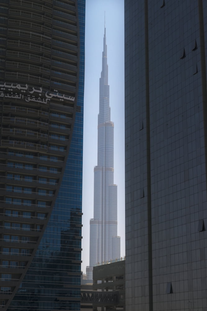 Looking between two tall office buildings to the Burj Khalifa Dubai United Arab Emirates Canvas Art - Ian Cumming Design Pics (12 x 19)