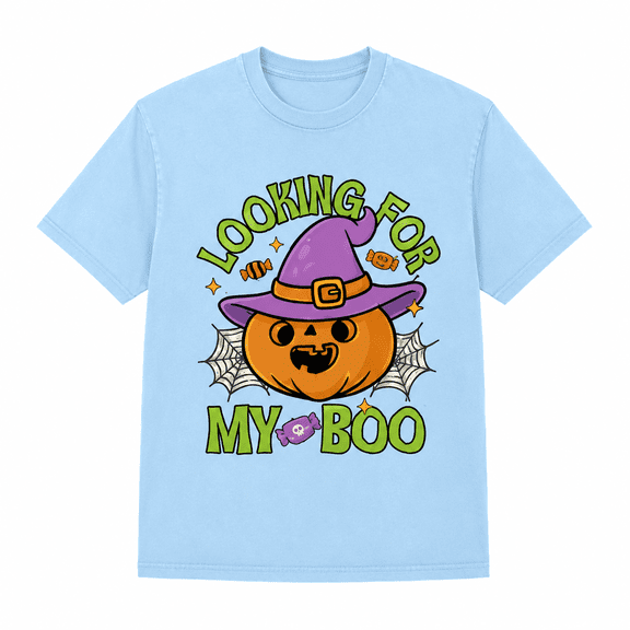 Looking for My Boo Halloween T-Shirt, Cute Witch Pumpkin and Candy Graphic Tee, Spooky Season Unisex Adult Short Sleeve Shirt