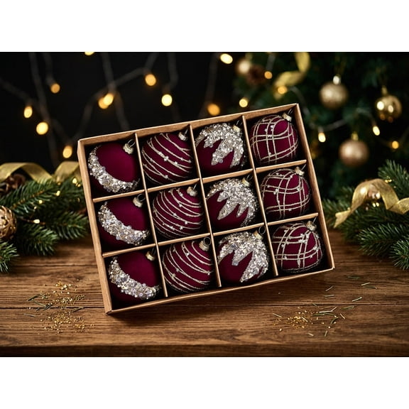 Looking for Sequin Detail Without Full Glitter? Twelve Burgundy and Gold Christmas Ornaments, Christmas Decorations for a Rich Tree