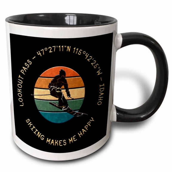 3drose, Lookout Pass, Idaho. Man Skier. Yellow, Black. Alpine Skiing Gift, 11oz Two-tone Black Mug
