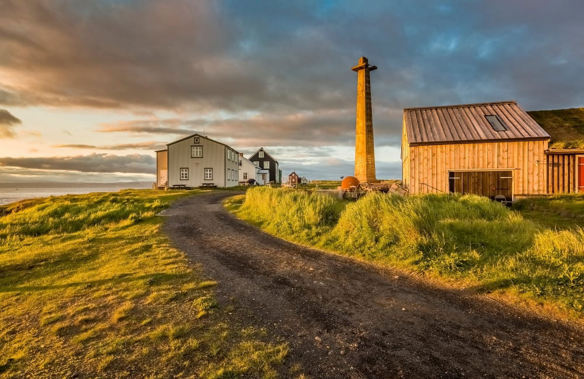 Lookout tower and homes Flatey Island Borgarfjordur Iceland Canvas Art - Panoramic Images (27 x 9)