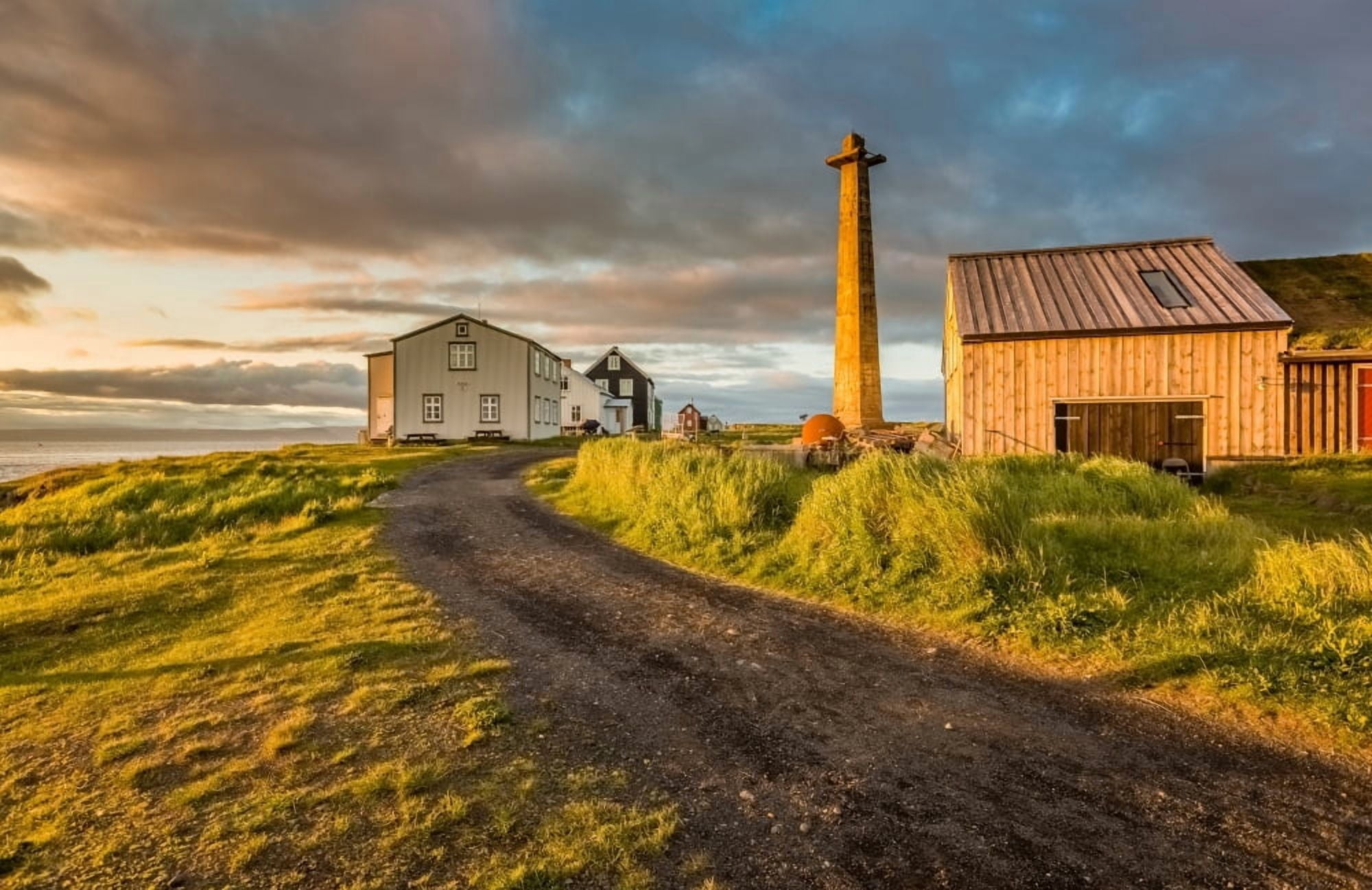 Lookout tower and homes Flatey Island Borgarfjordur Iceland Canvas Art - Panoramic Images (36 x 12)