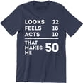 thumbnail image 1 of Looks 22 Feels 18 Acts 10 That Makes Me 50 Funny Dad Mum Mom B-day T-Shirt, 1 of 4