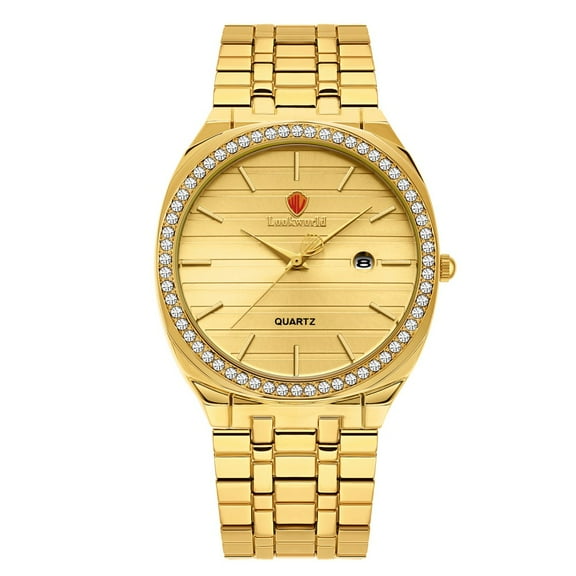 Lookworld Classic Diamond Gold Watches for Men, Stainless Steel Waterproof Dress Watch, Men's Quartz Analog Wristwatch