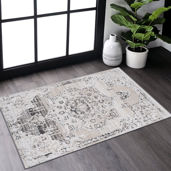 Loom & 2x3 Area Rug, Cream/beige Medallion Theme, Non-shedding, Stain , Enhance Your Living Room, Bedroom, Dining Home Office Size, Beautify