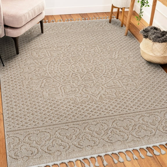 Loom & Beige Medallion Area Rug 6x9 - Stain , Non-shedding, Water Repellent, Indoor/outdoor Slip, Soft Texture