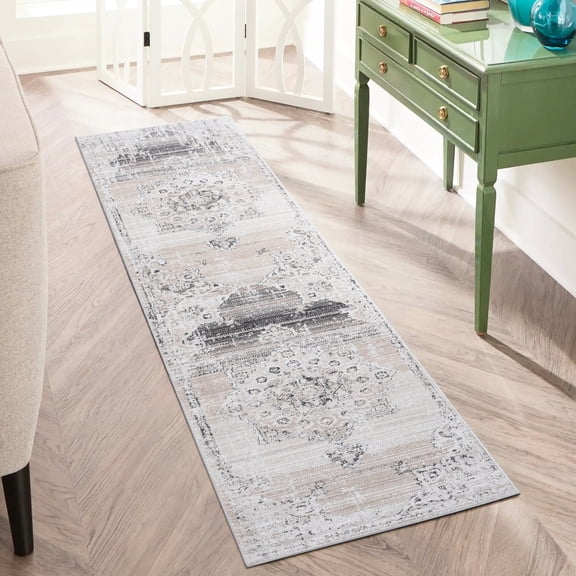 Loom & Collection Area Rug 2x8, Cream/beige Medallion. Non-shedding, Stain . For Home. Living Room, Bedroom, Dining. Pet . Medium Pile 2x8 Medallion Rug. Stain-. Living, Dining Rooms. Pet-. Stress-