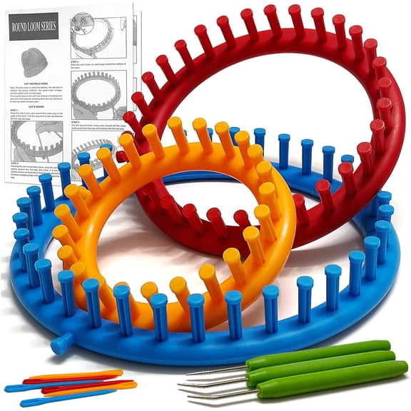 Loom Knitting Kit with Step-by-Step Instructions, Cost-Effective 3 Size Round Knitting Loom for Beginners, Easy & Quick Hat Knitting Loom Set/Scarf Loom Knitting Set with 3 Hooks & 6 Needles