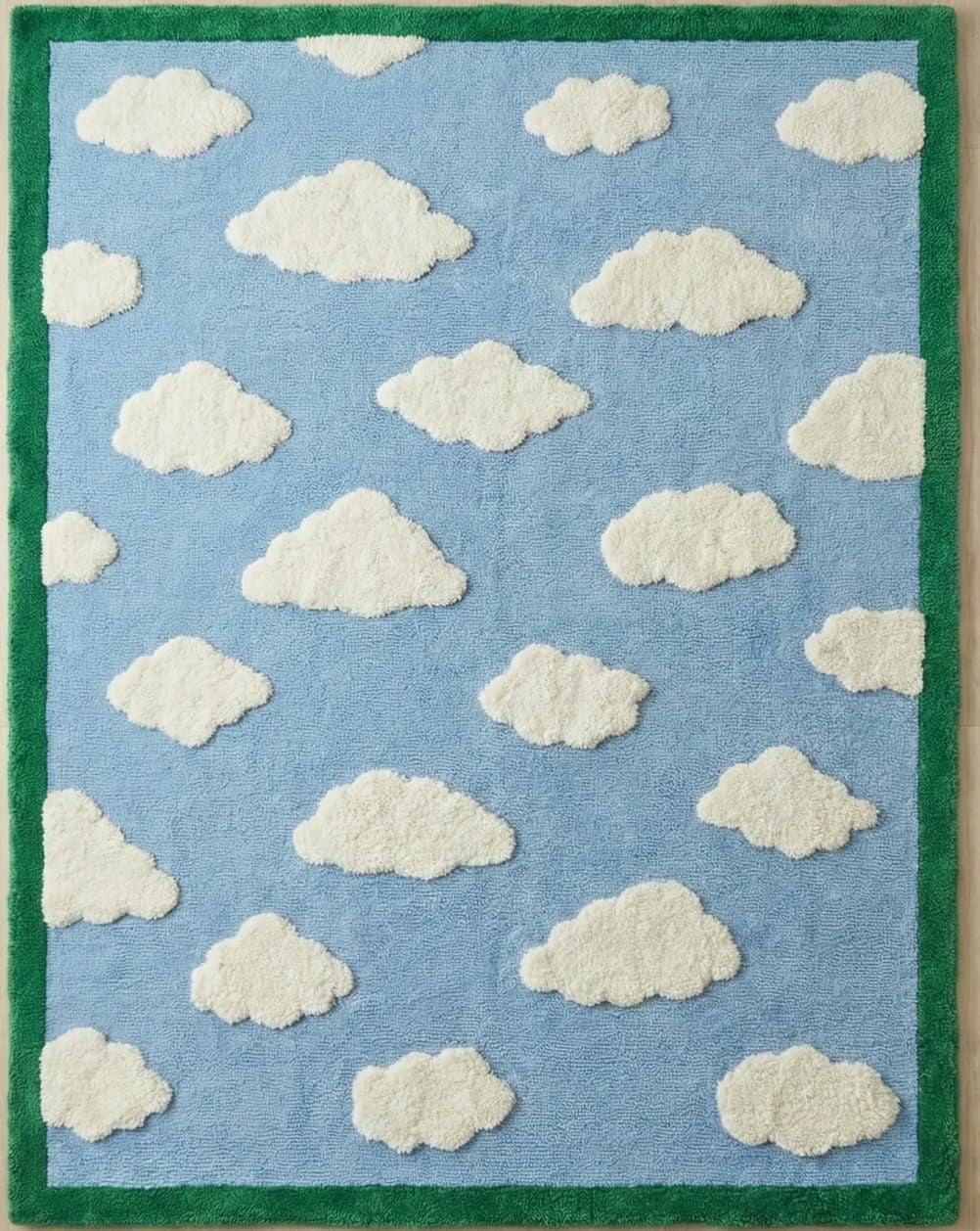 Leafy Handmade Rug Loom n Barn Sky Green Handmade Tufted Floral Design Wool Area Rug, Soft ...