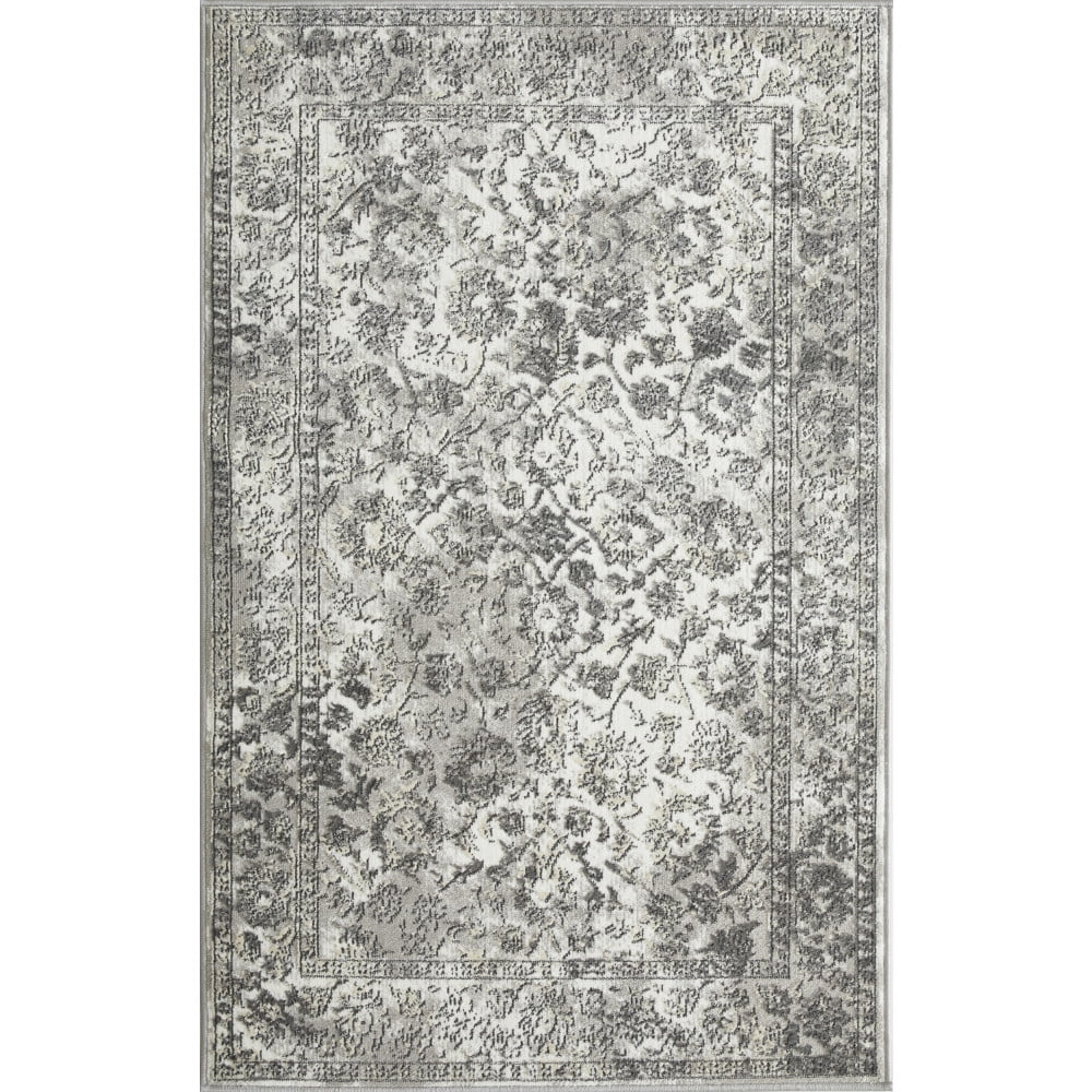 Gray Floral Synthetic Rectangular Area Rug 3'3" x 5'3"