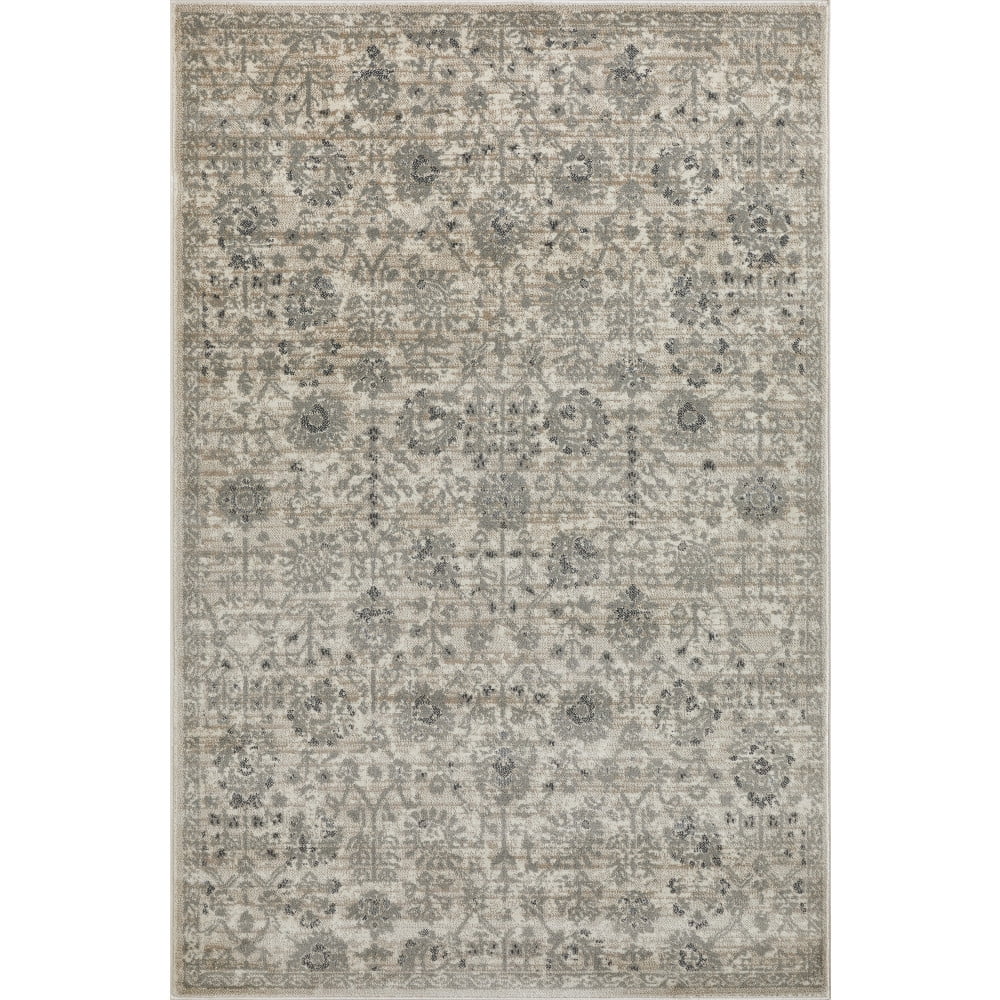 Ivory and Gray Floral Synthetic 5' x 7' Area Rug