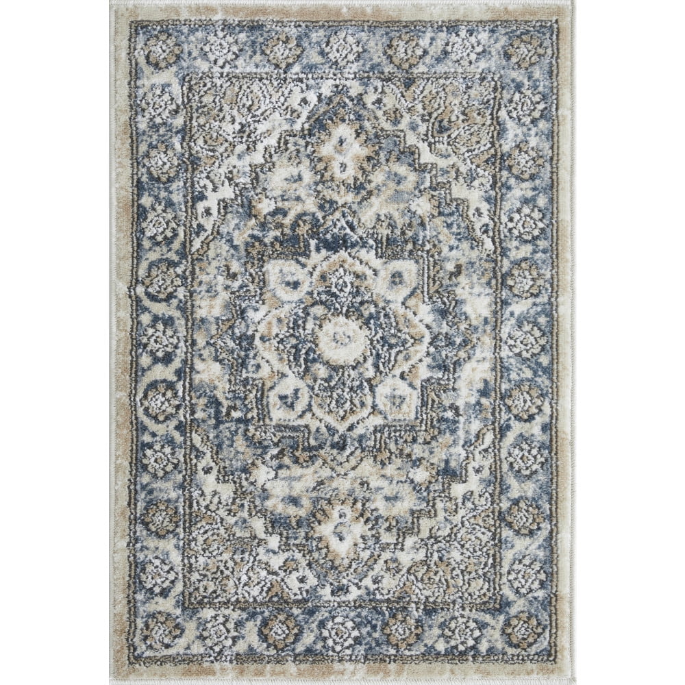 Blue and Beige Floral Medium Pile Synthetic Area Rug