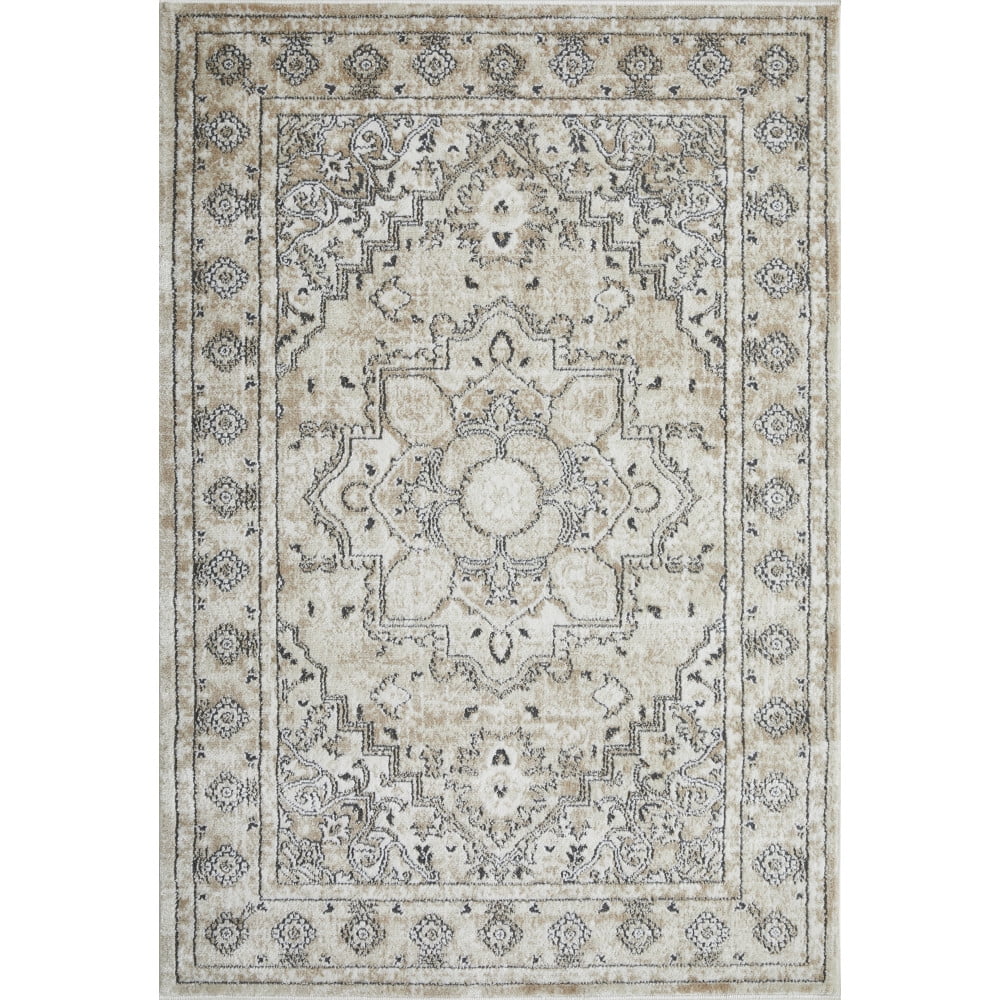 Off-White Floral Medium Pile Synthetic Area Rug 4' x 6'